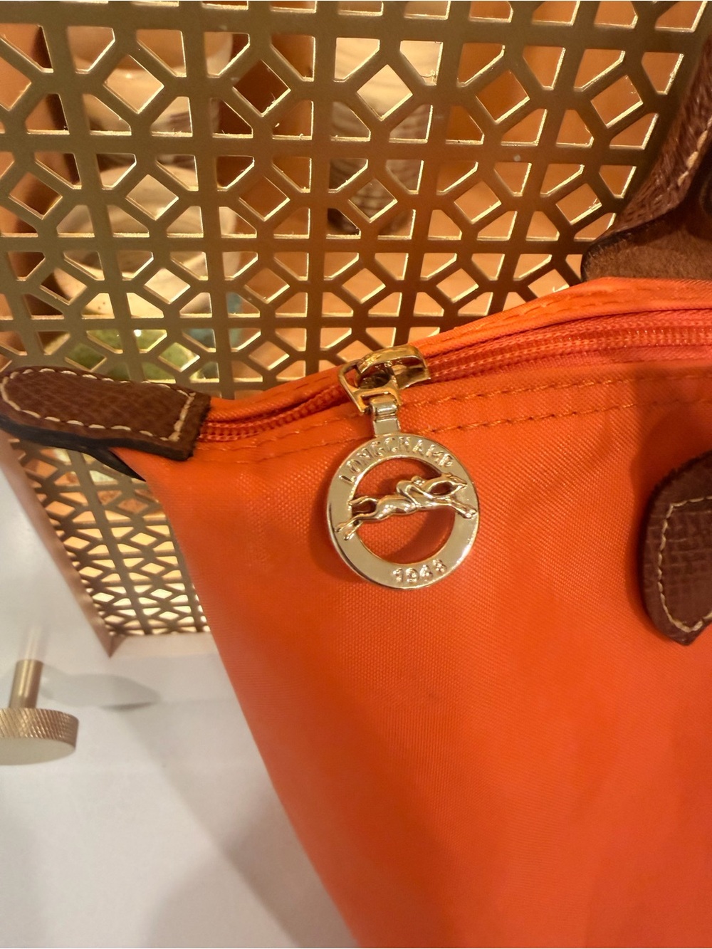 Longchamp Orange Tote Bag with Brown Trim - Classic Women's Shoulder Bag - Picture 4 of 13